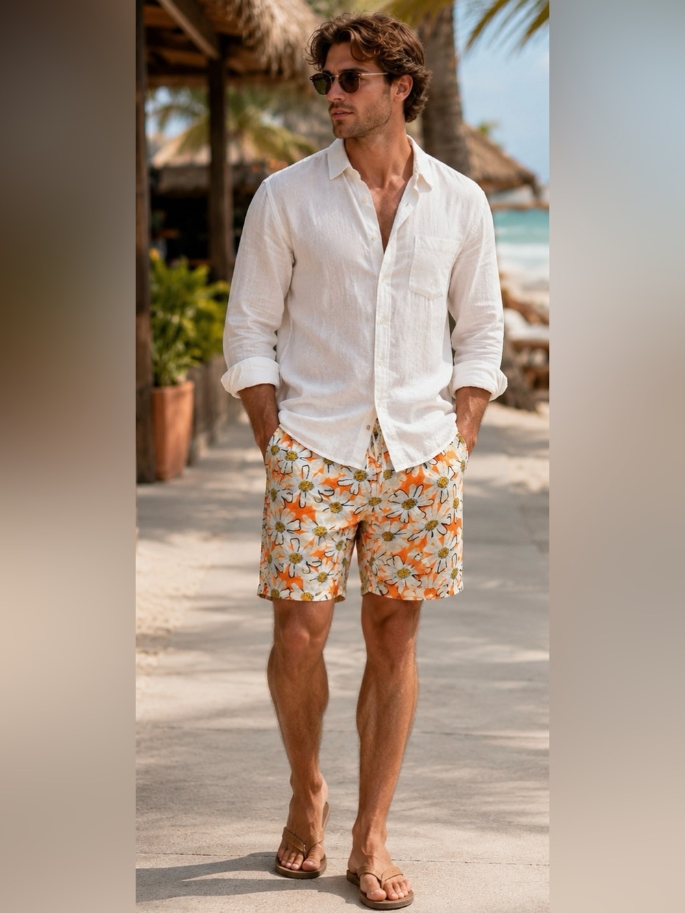 Massive Floral Print Rayon Shorts Orange White Daisy Pattern Size Medium